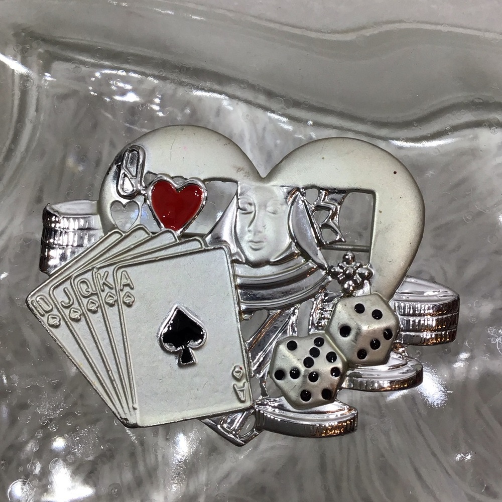 Vintage signed AJC Queen of Hearts good luck casino pin brooch